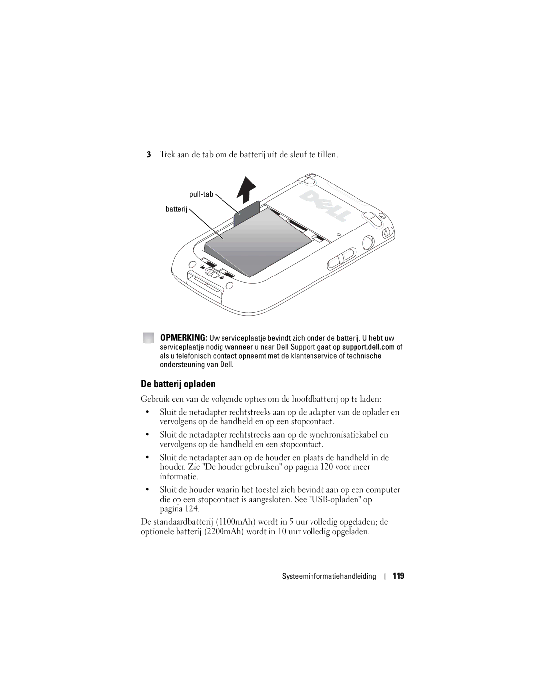 Dell X50 manual De batterij opladen, 119, Pull-tab Batterij 