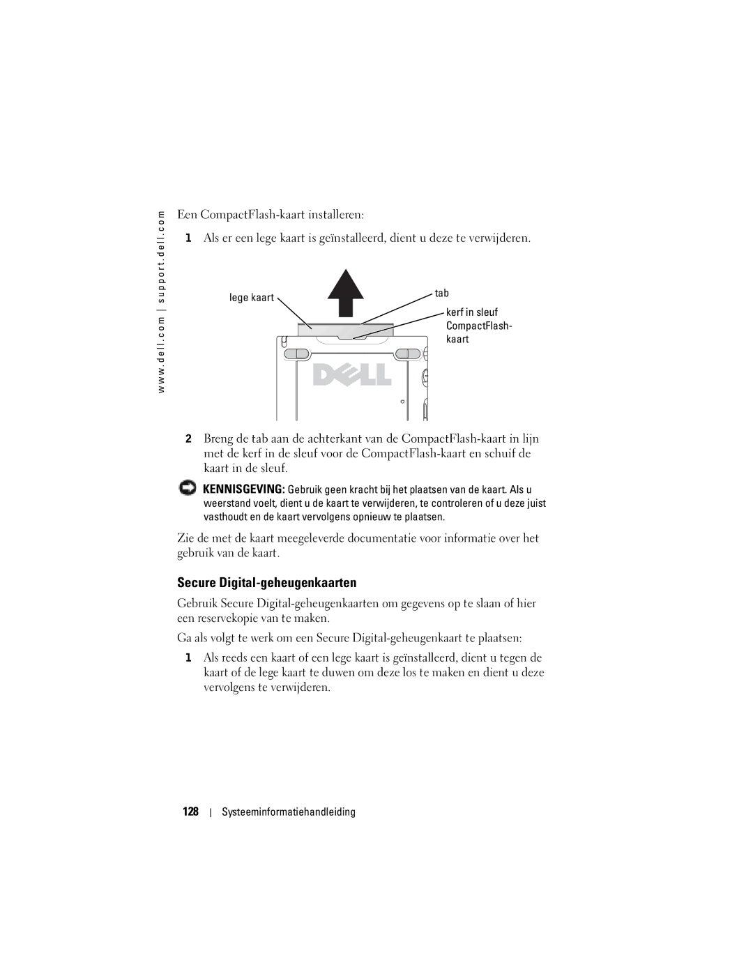 Dell X50 manual Secure Digital-geheugenkaarten, 128, Lege kaart 