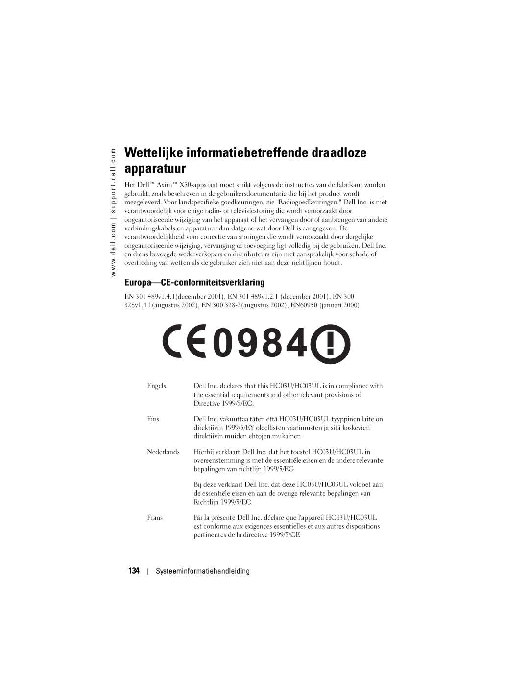 Dell X50 manual Wettelijke informatiebetreffende draadloze apparatuur, Europa-CE-conformiteitsverklaring, 134 