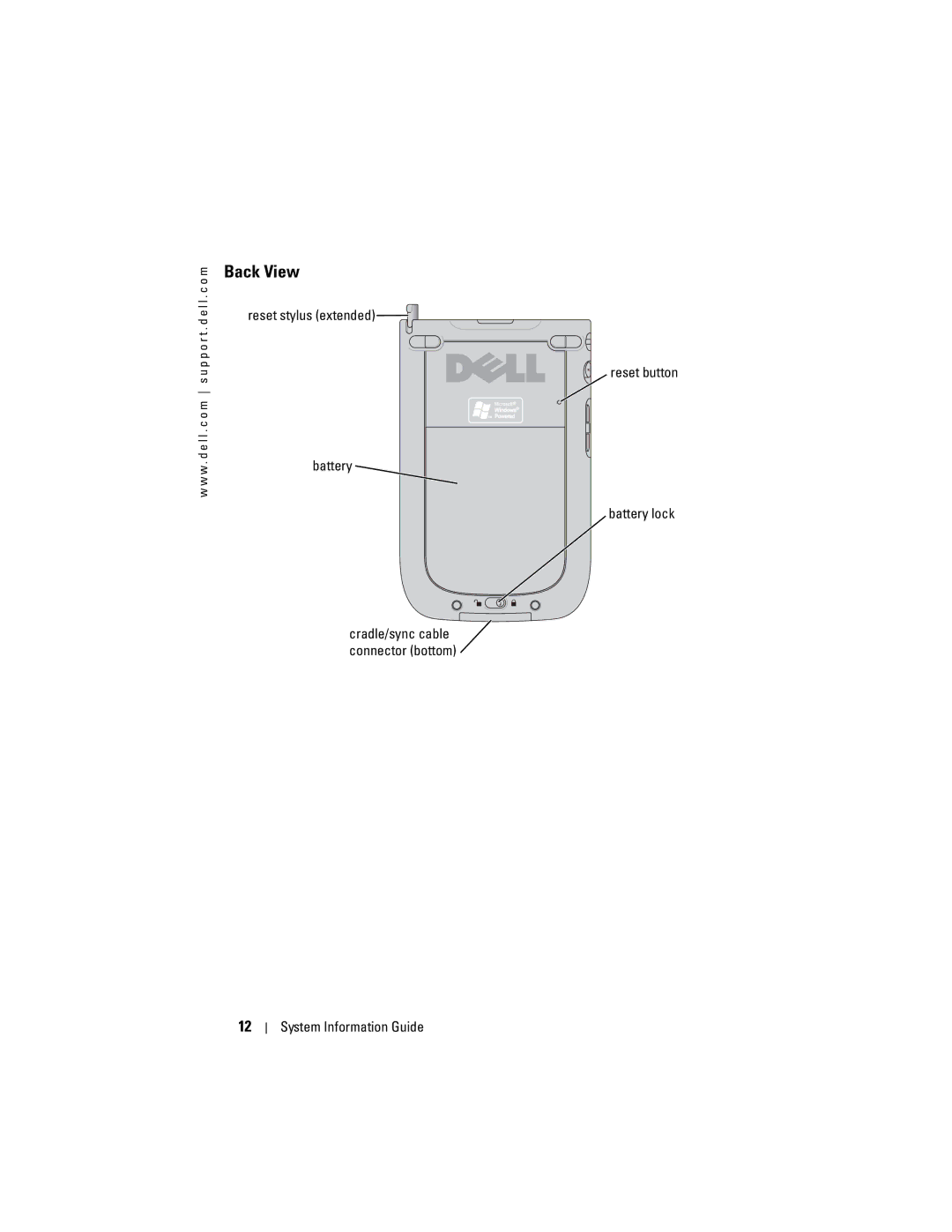 Dell X50 manual Back View, Reset stylus extended Reset button Battery Battery lock 