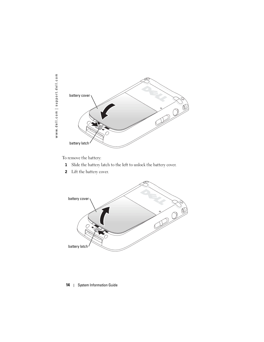 Dell X50 manual Battery cover Battery latch System Information Guide 