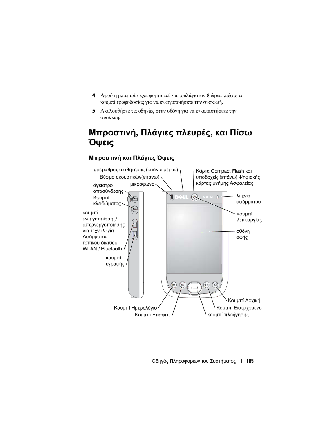 Dell X50 manual Μπροστινή, Πλάγιες πλευρές, και Πίσω Όψεις, Μπροστινή και Πλάγιες Όψεις, 185 