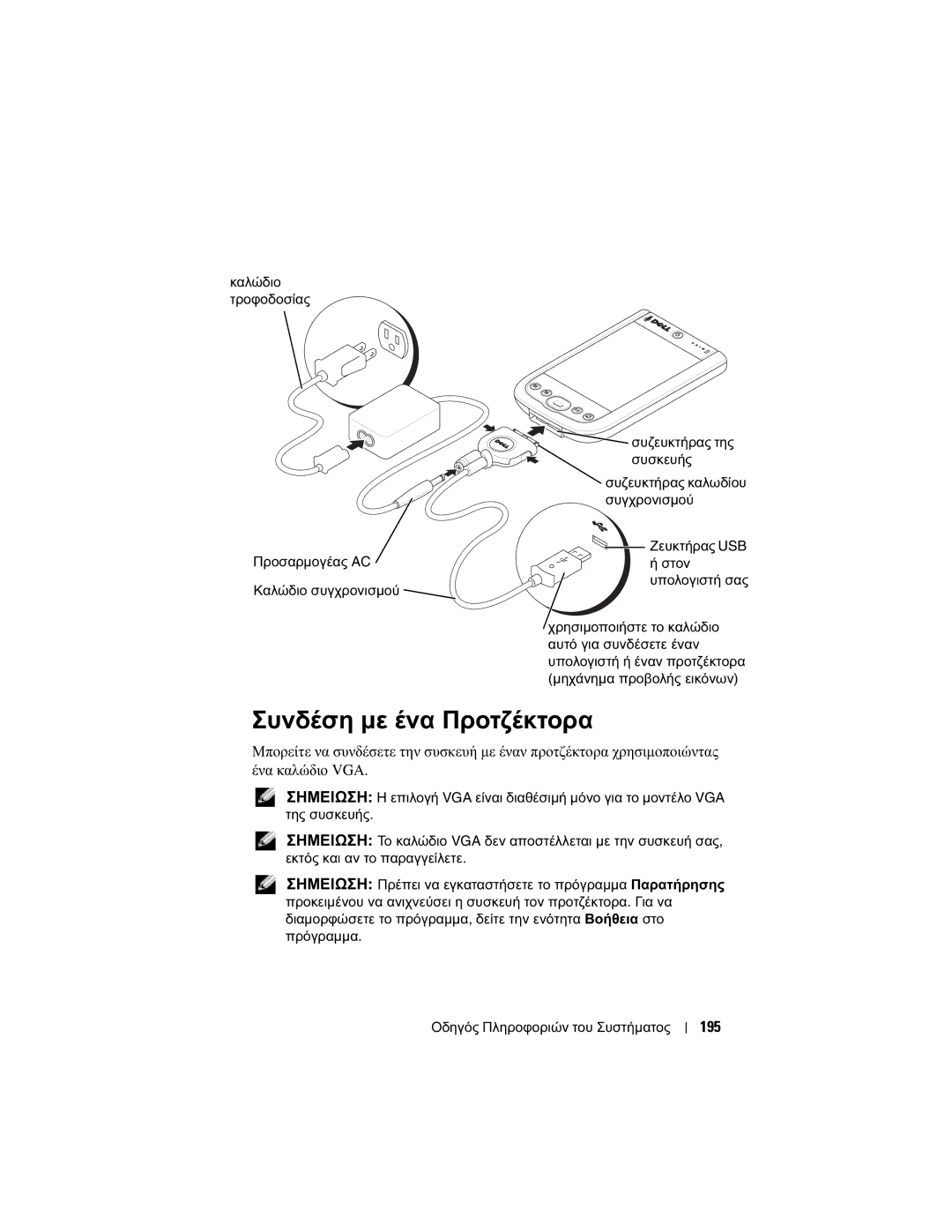 Dell X50 manual Συνδέση µε ένα Προτζέκτορα, 195 