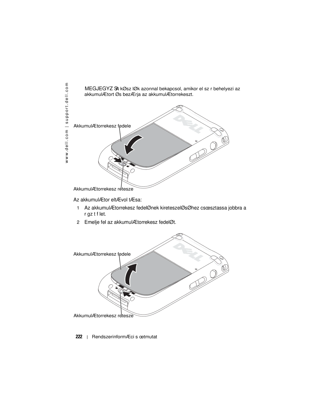 Dell X50 manual 222, Akkumulátorrekesz fedele Akkumulátorrekesz retesze 