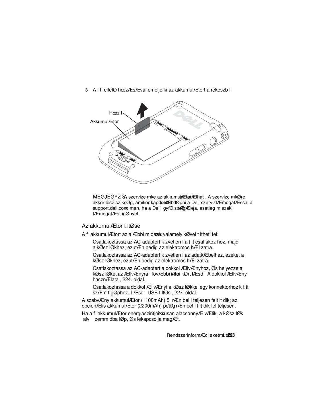 Dell X50 manual Az akkumulátor töltése, 223, Húzófül Akkumulátor 