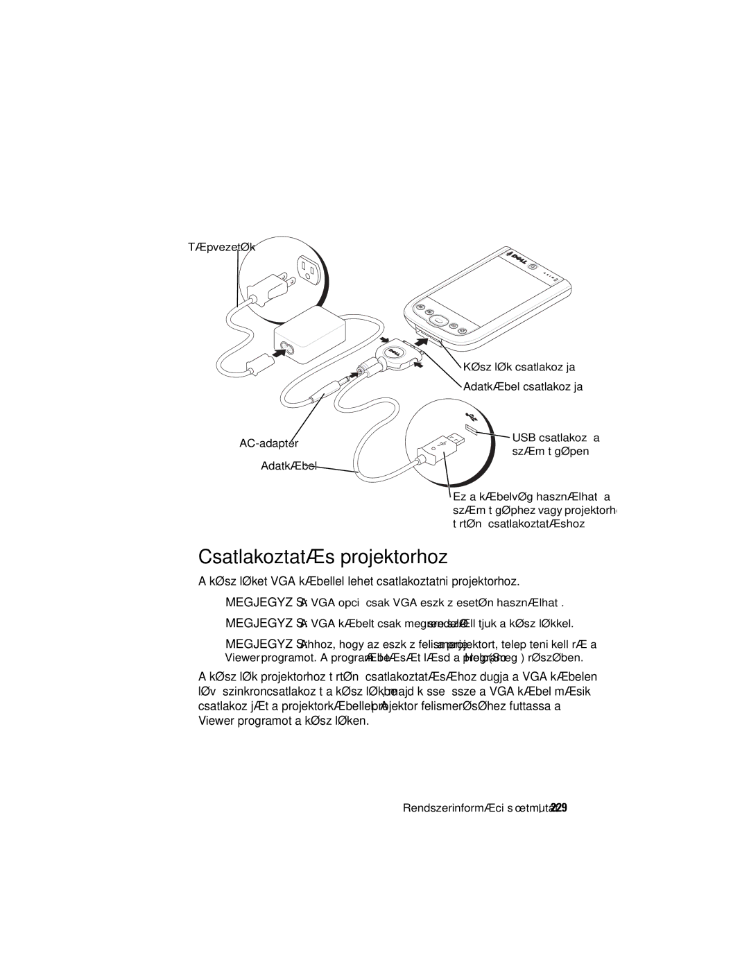 Dell X50 manual Csatlakoztatás projektorhoz, 229 