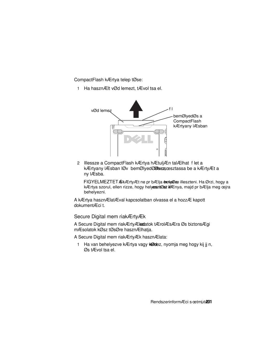 Dell X50 manual Secure Digital memóriakártyák, 231, Védőlemez 