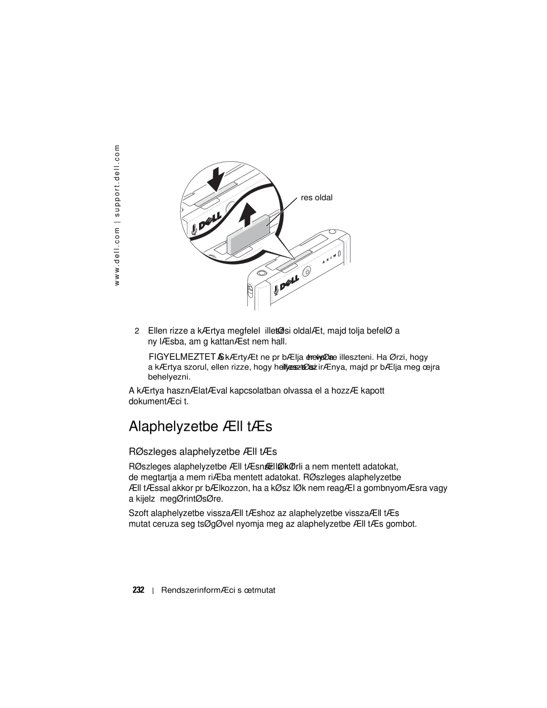 Dell X50 manual Alaphelyzetbe állítás, Részleges alaphelyzetbe állítás, 232, Üres oldal 