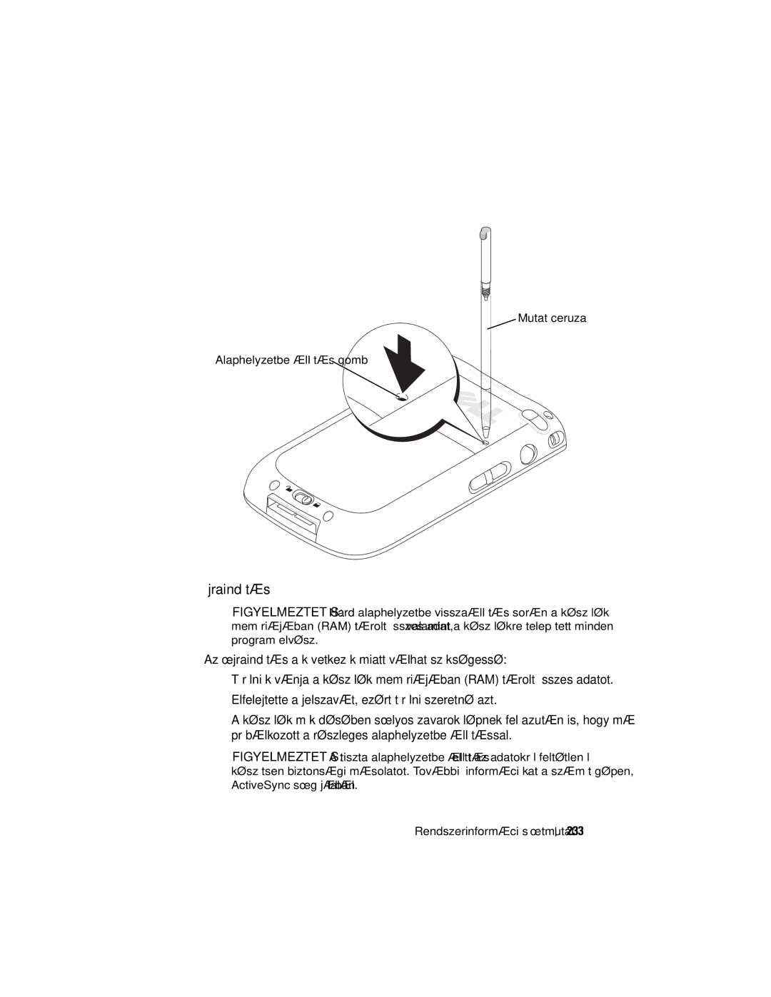 Dell X50 manual Újraindítás, 233, Mutatóceruza Alaphelyzetbe állítás gomb 