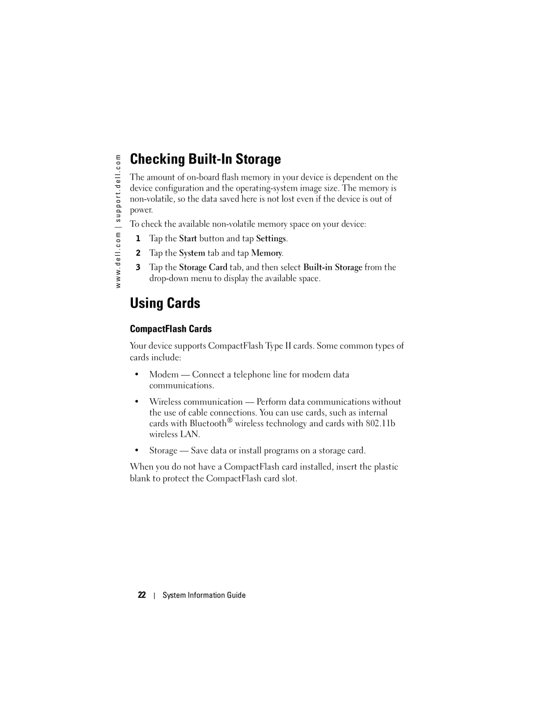 Dell X50 manual Checking Built-In Storage, Using Cards, CompactFlash Cards 