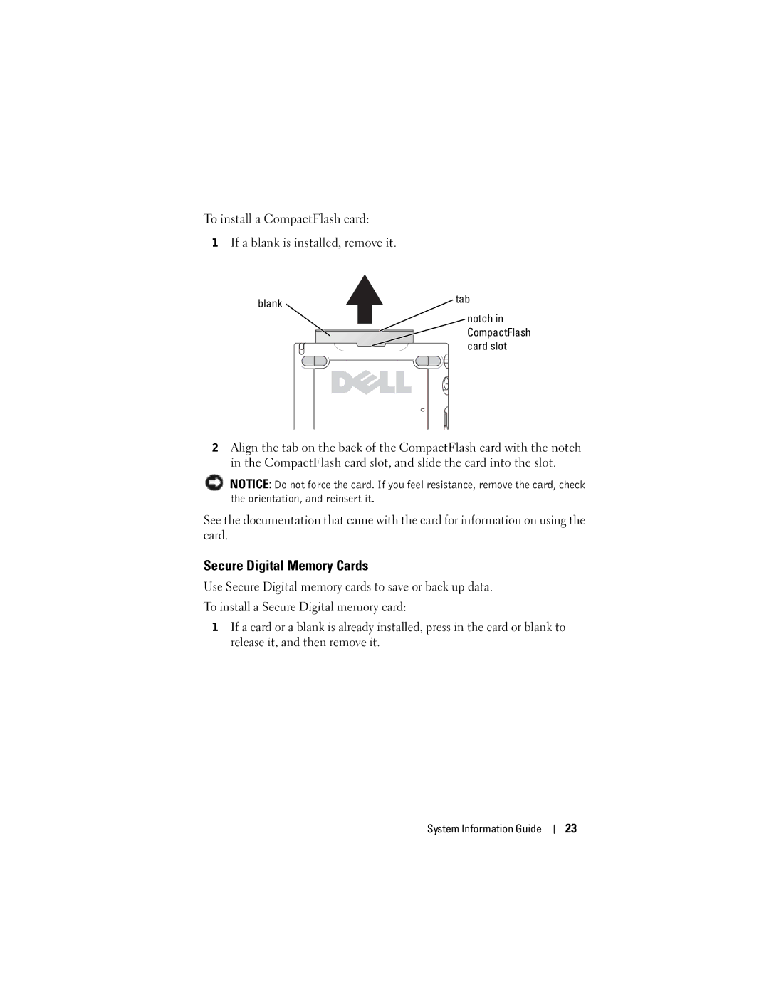 Dell X50 manual Secure Digital Memory Cards, Blank 