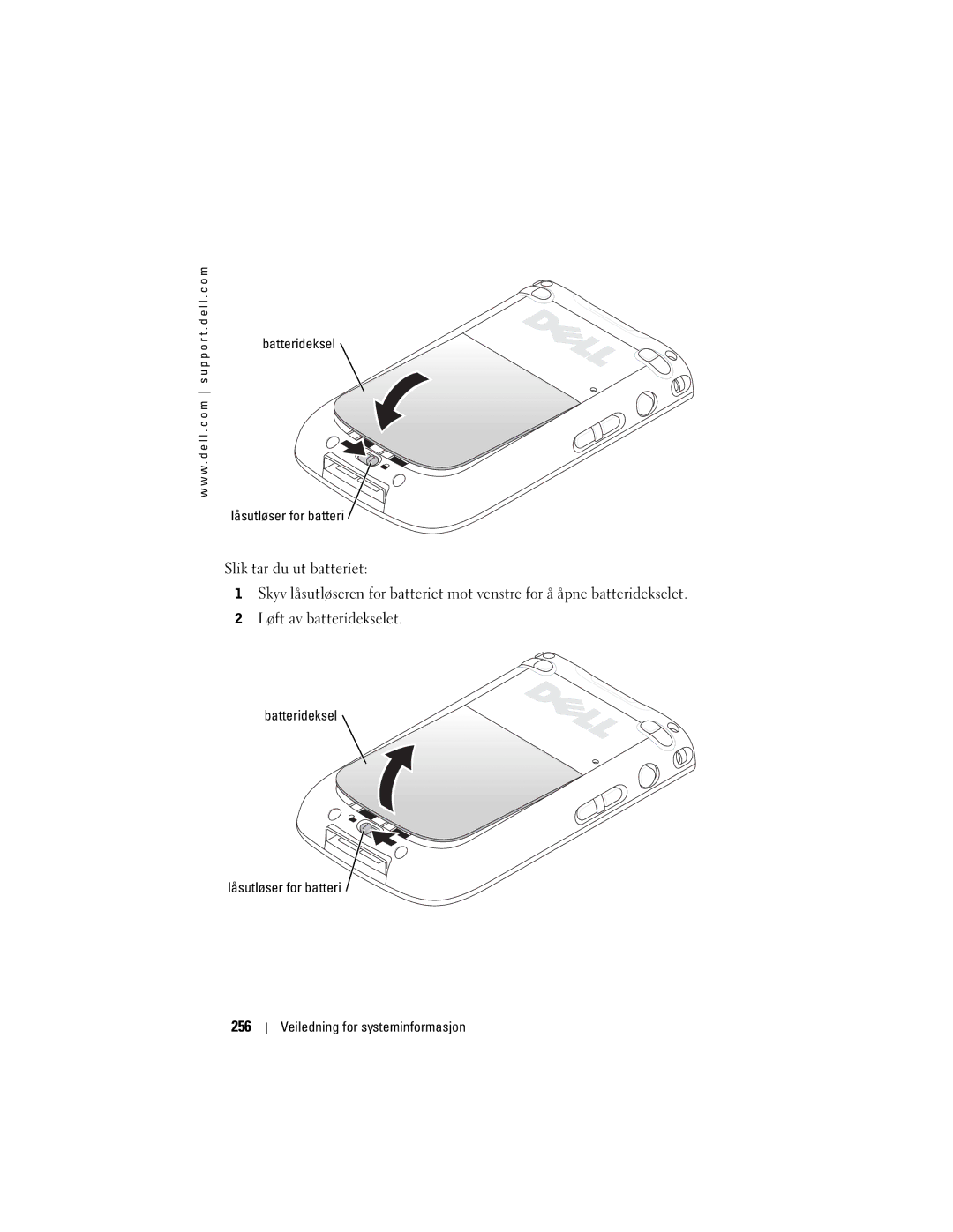 Dell X50 manual 256, Batterideksel Låsutløser for batteri 