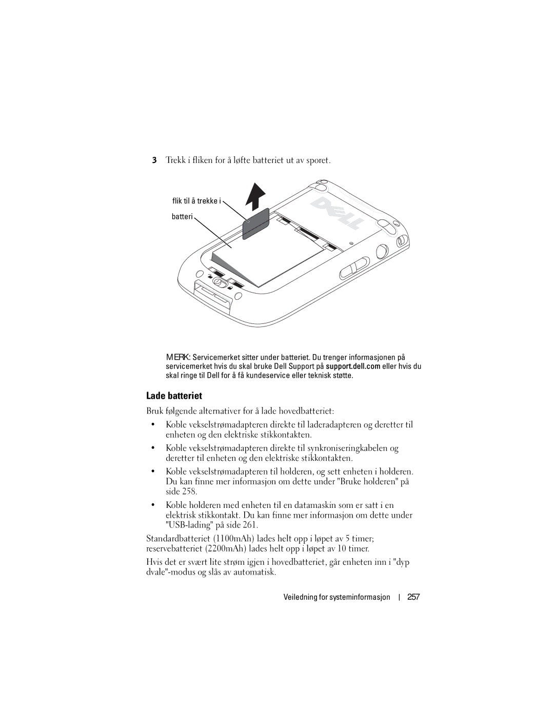 Dell X50 manual Lade batteriet, 257, Flik til å trekke Batteri 