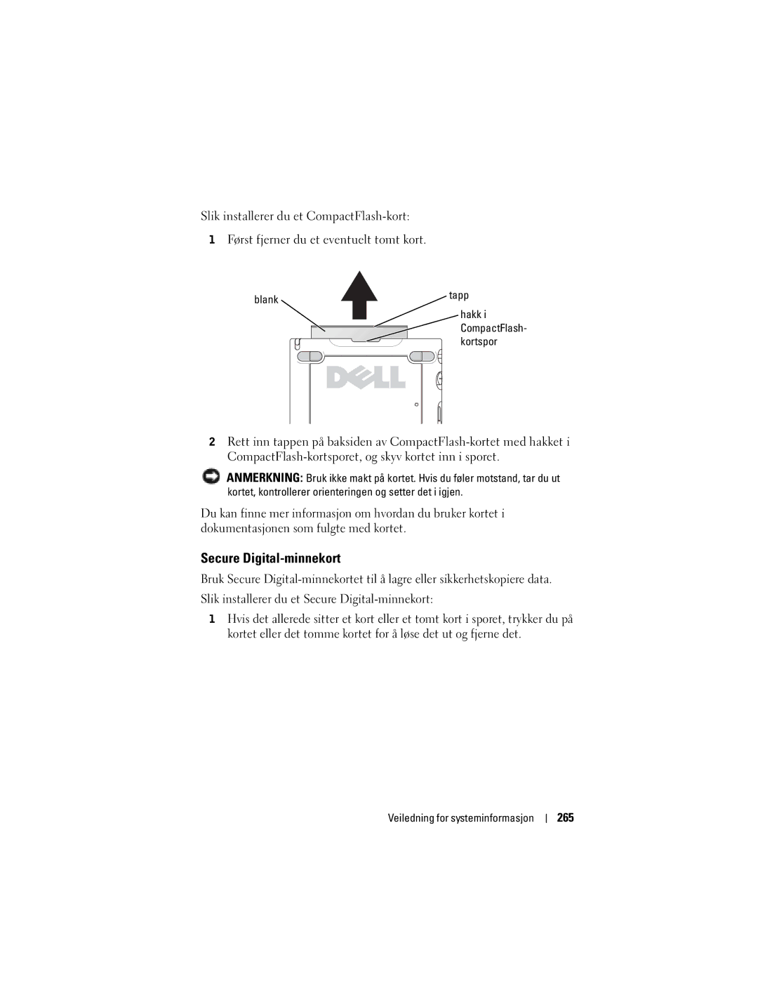 Dell X50 manual Secure Digital-minnekort, 265 