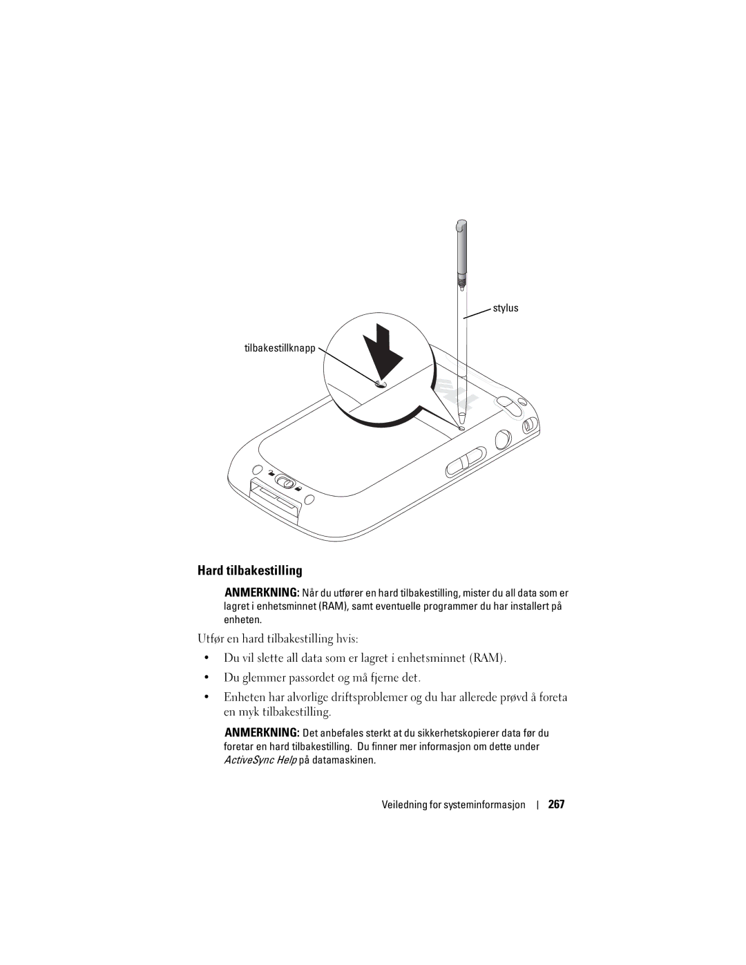 Dell X50 manual Hard tilbakestilling, 267, Stylus Tilbakestillknapp 