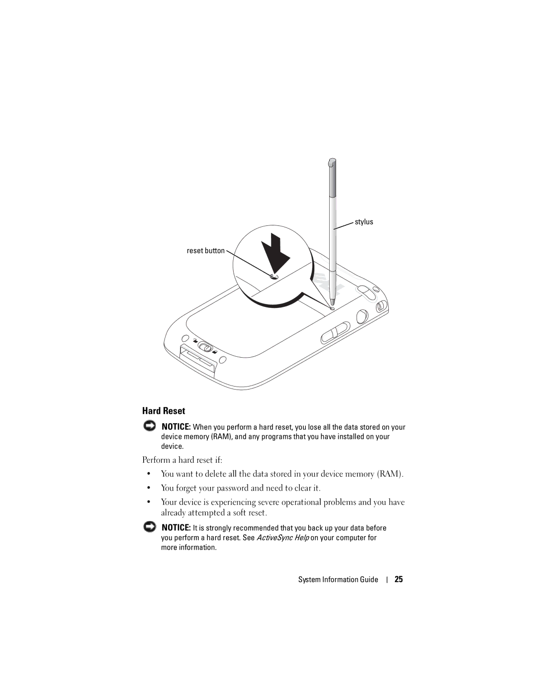 Dell X50 manual Hard Reset, Stylus Reset button 