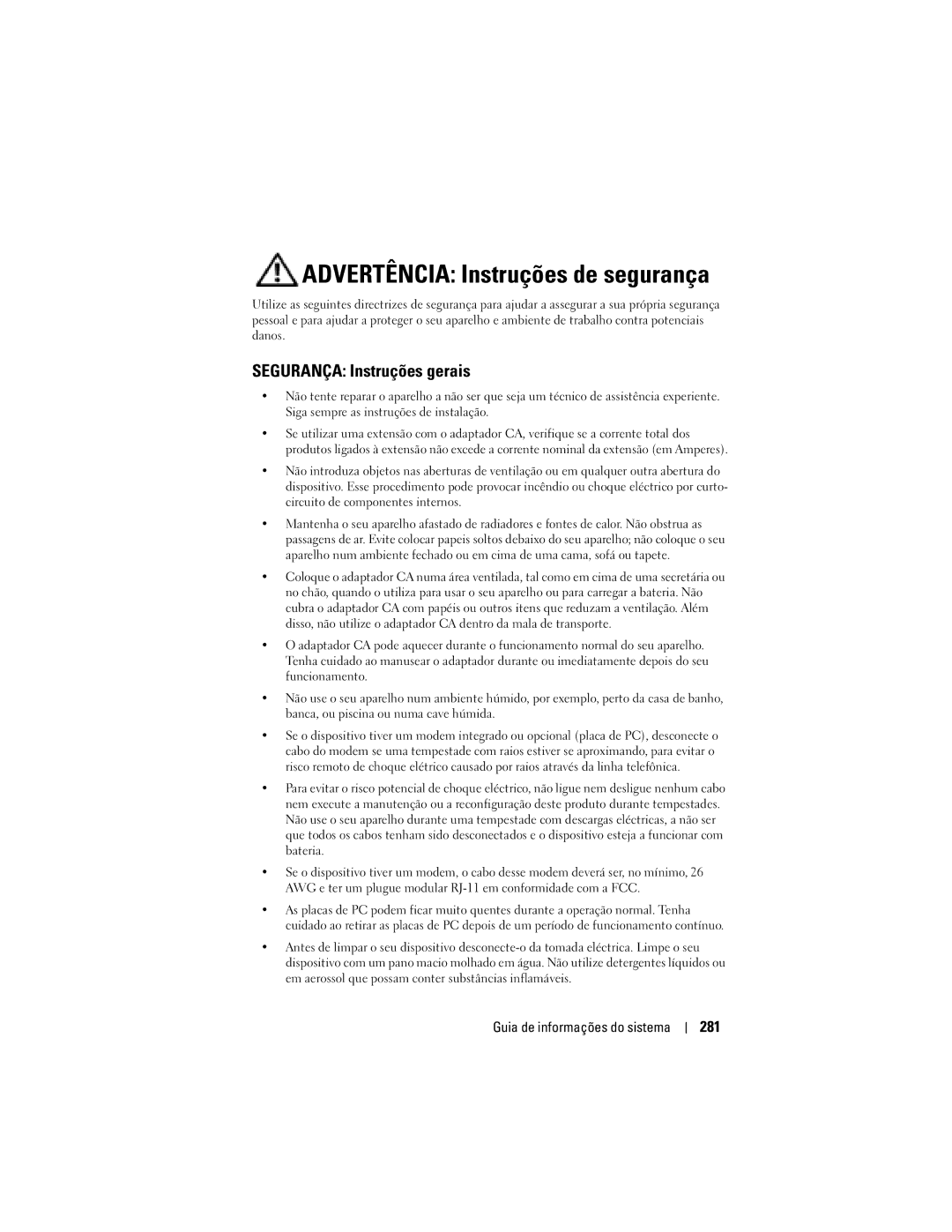 Dell X50 manual Advertência Instruções de segurança, Segurança Instruções gerais, 281 