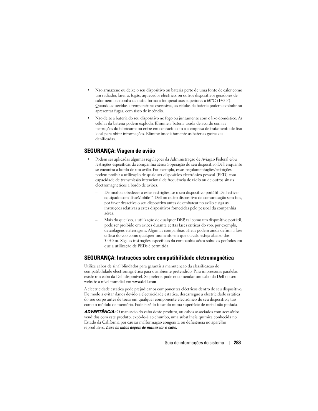 Dell X50 manual Segurança Viagem de avião, Segurança Instruções sobre compatibilidade eletromagnética, 283 