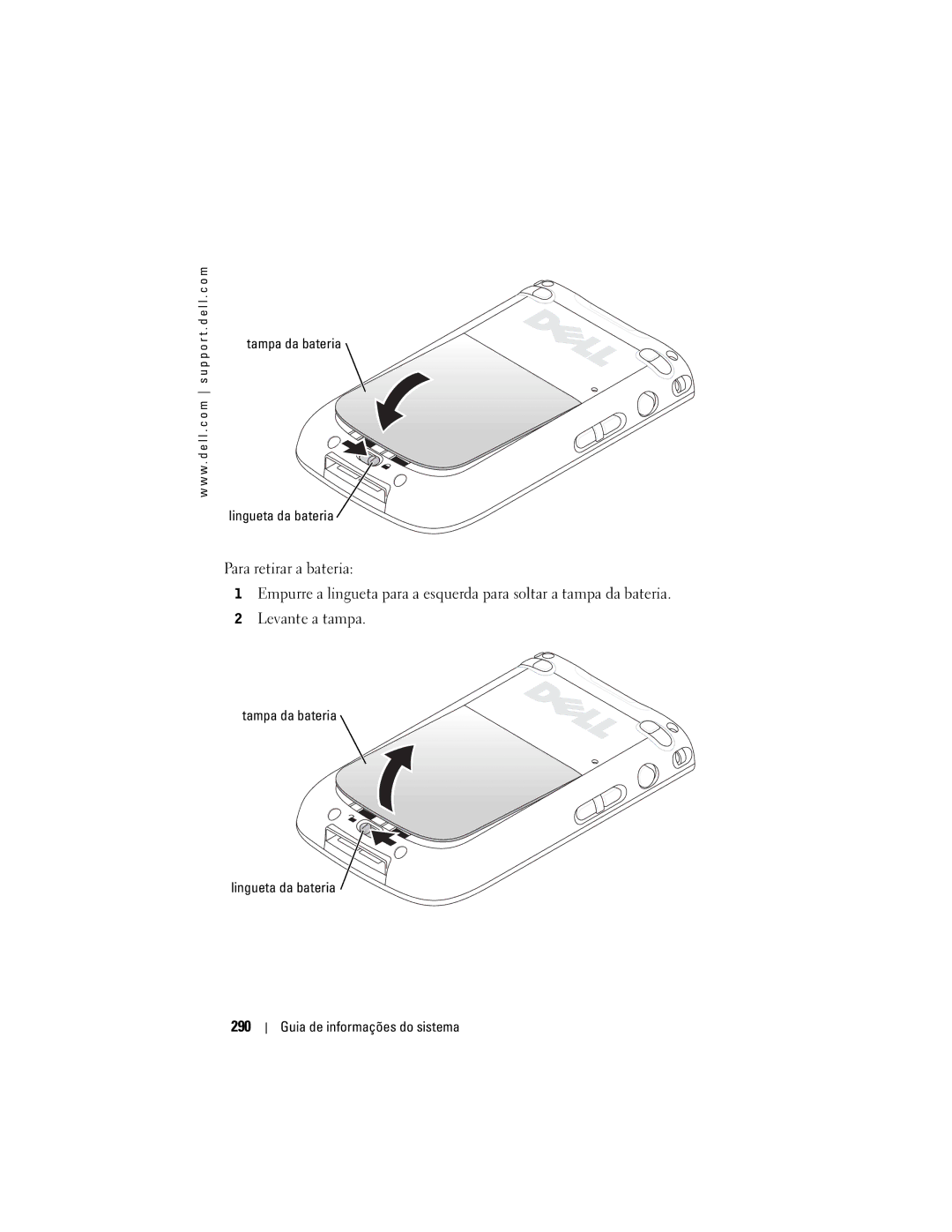Dell X50 manual 290, Tampa da bateria Lingueta da bateria 