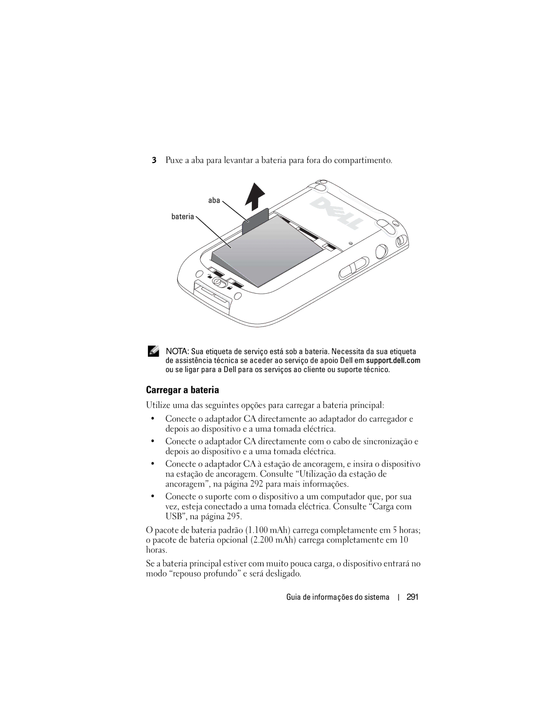 Dell X50 manual Carregar a bateria, 291, Aba Bateria 
