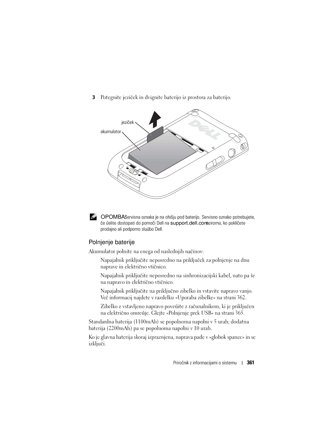 Dell X50 manual Polnjenje baterije, 361, Jeziček Akumulator 
