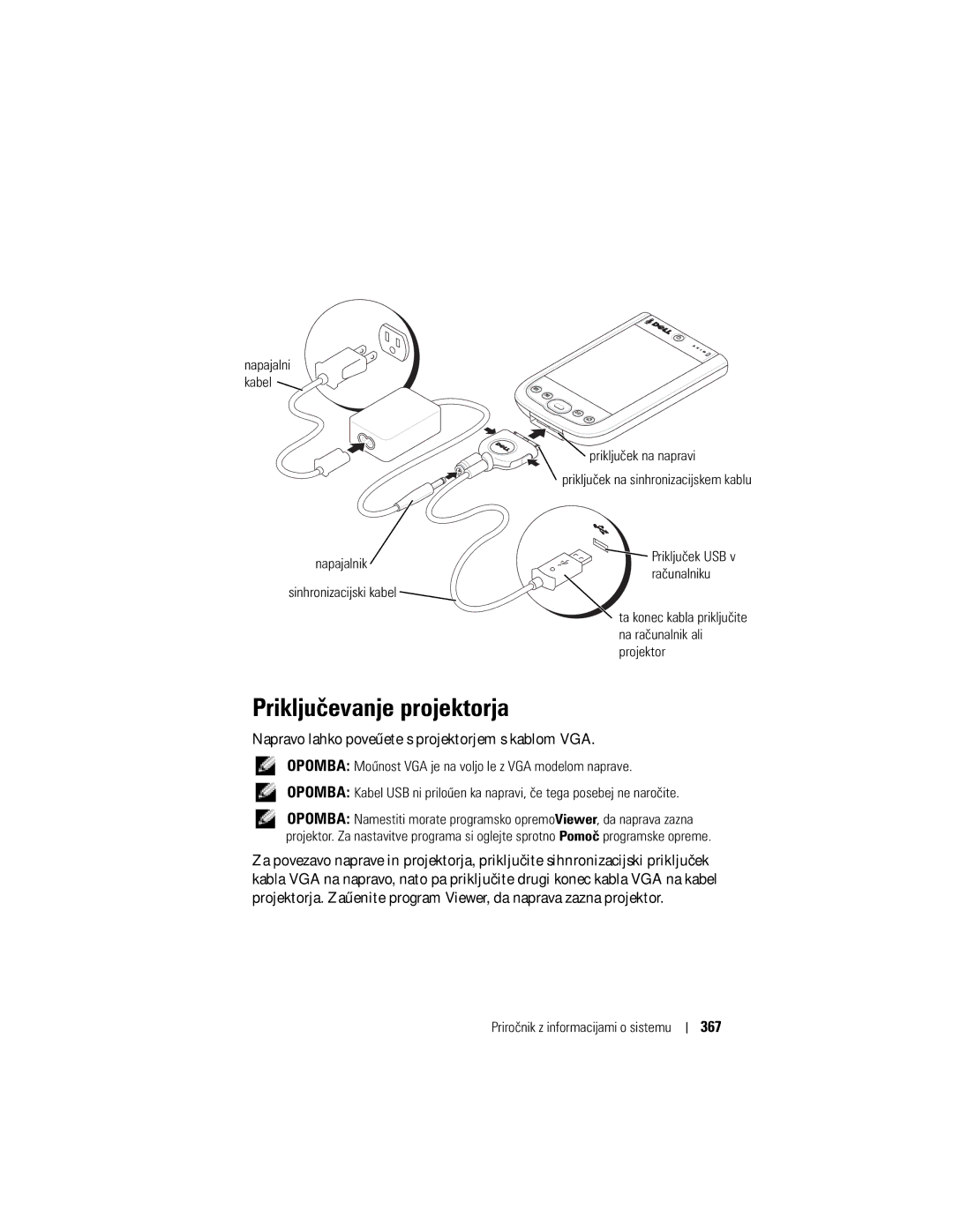 Dell X50 manual Priključevanje projektorja, 367, Priključek na napravi Priključek na sinhronizacijskem kablu, Računalniku 