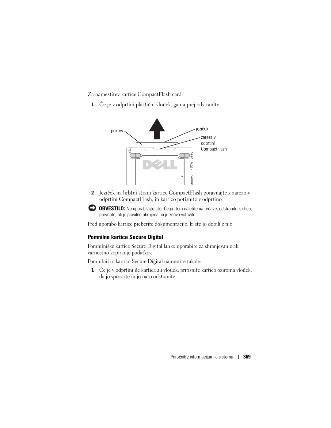 Dell X50 manual Pomnilne kartice Secure Digital, 369, Pokrov 