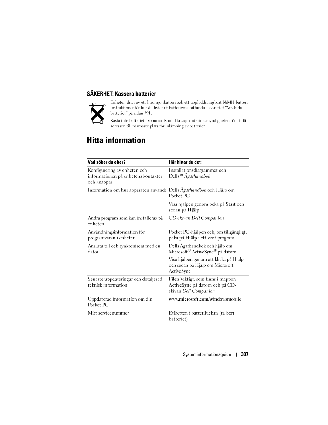 Dell X50 manual Hitta information, Säkerhet Kassera batterier, 387 