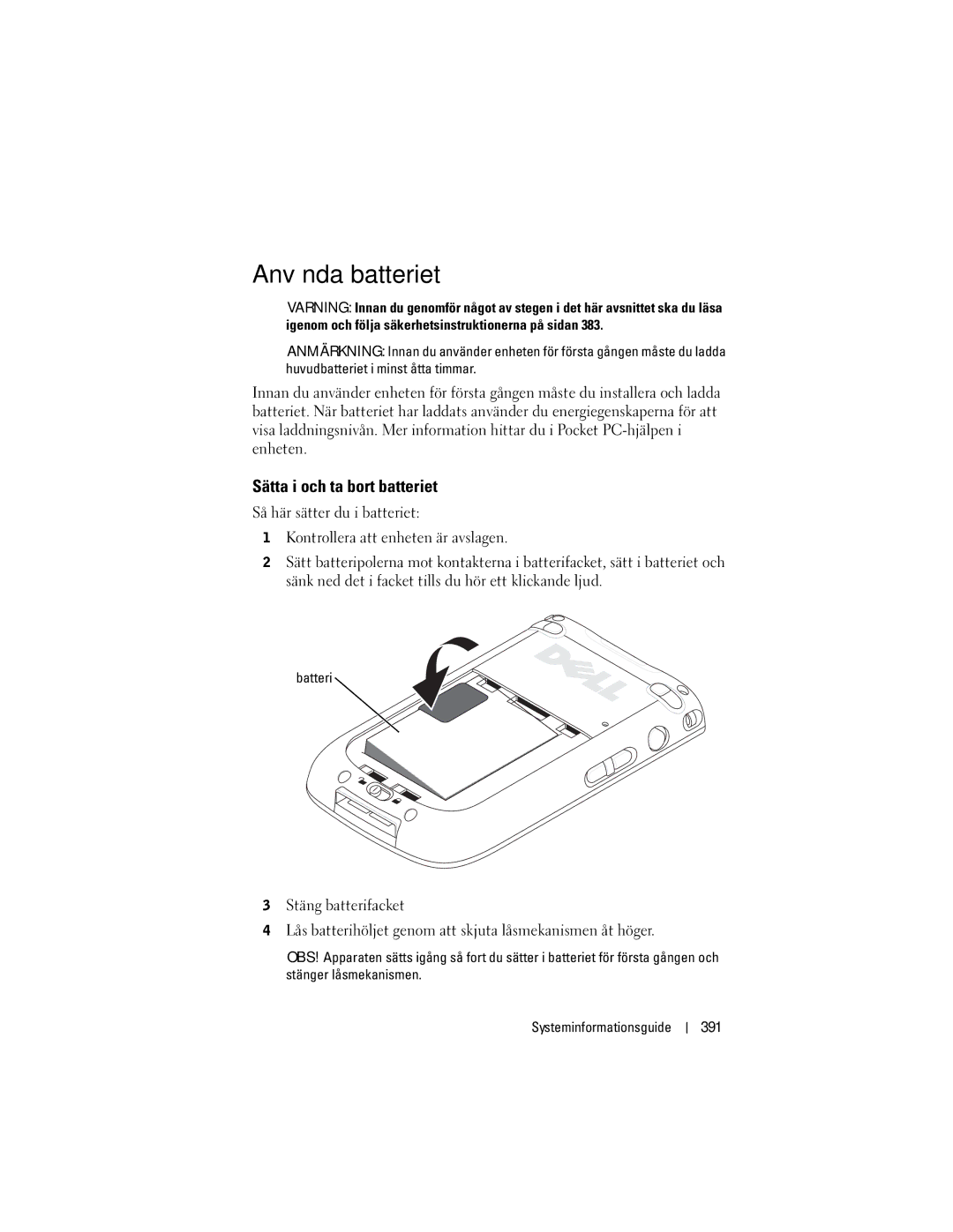 Dell X50 manual Använda batteriet, Sätta i och ta bort batteriet, 391 