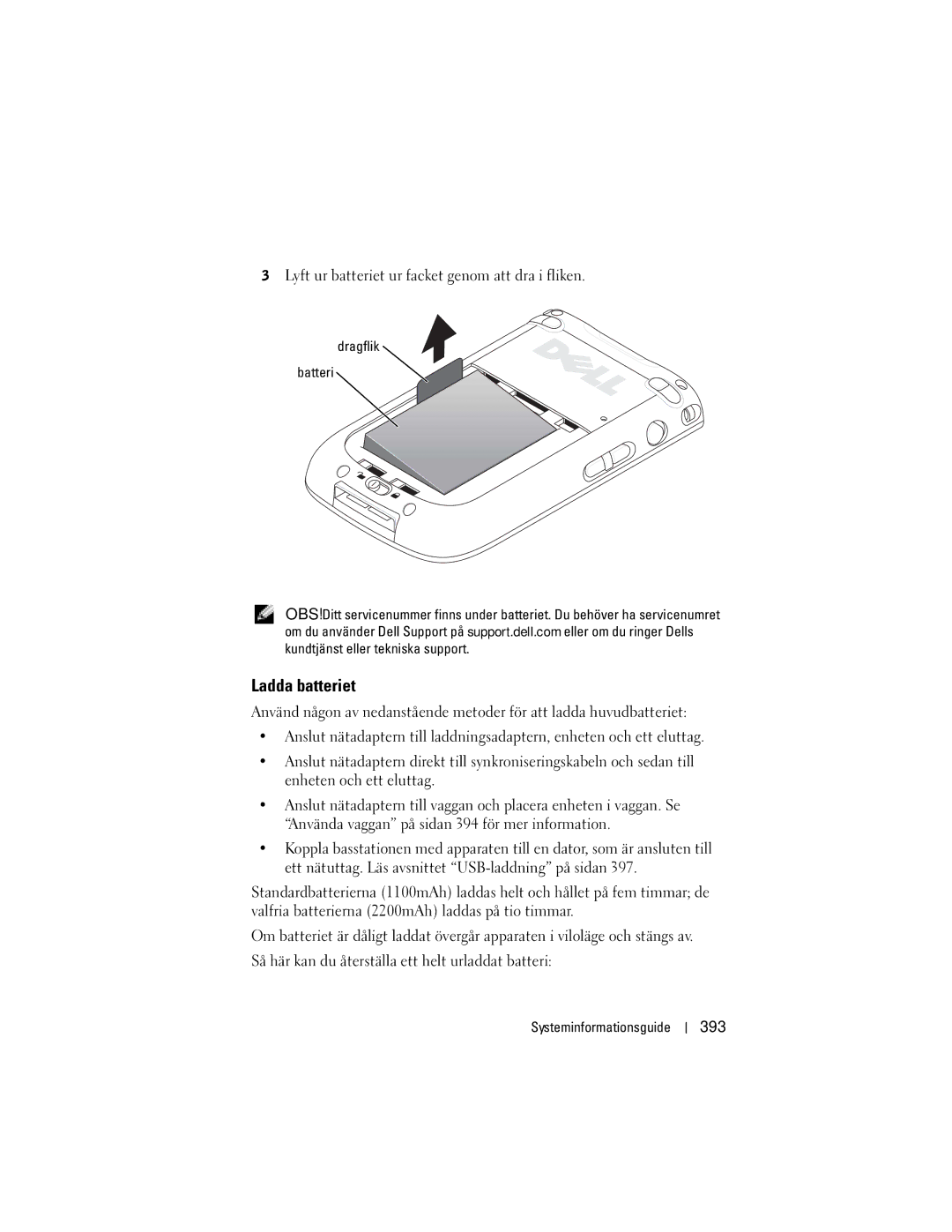 Dell X50 manual Ladda batteriet, 393, Dragflik Batteri 