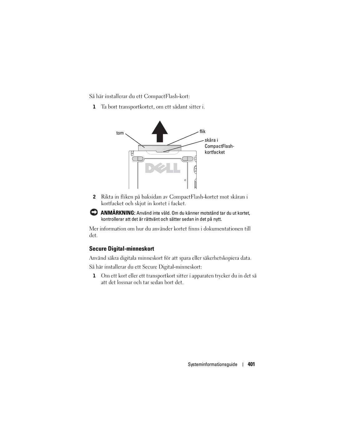 Dell X50 manual Secure Digital-minneskort, 401, Tom 