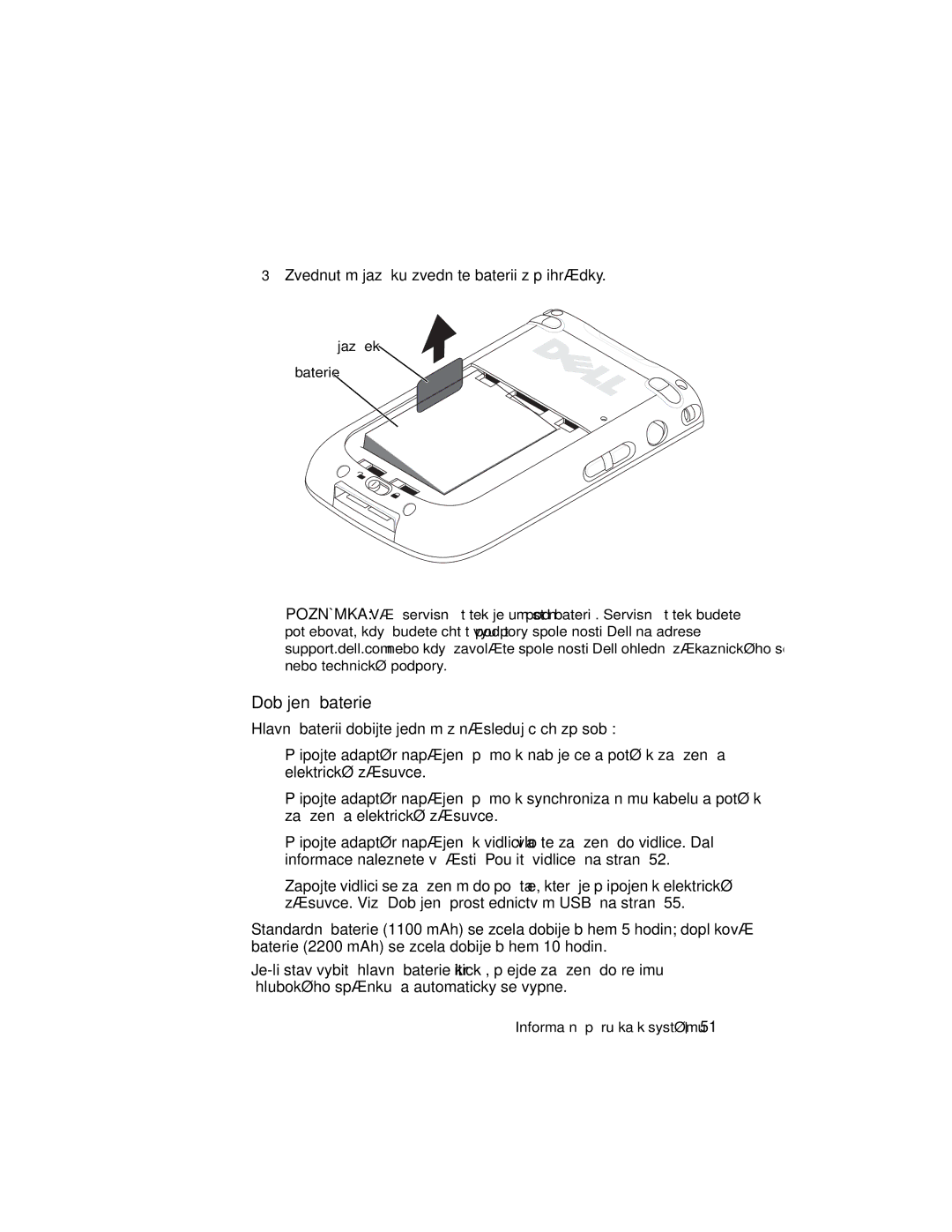 Dell X50 manual Dobíjení baterie, Jazýček Baterie 