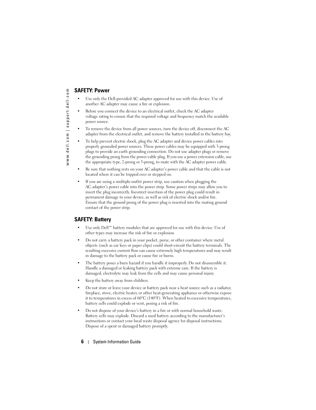 Dell X50 manual Safety Power, Safety Battery 