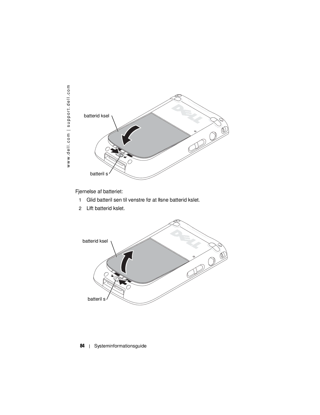 Dell X50 manual Batteridæksel Batterilås Systeminformationsguide 