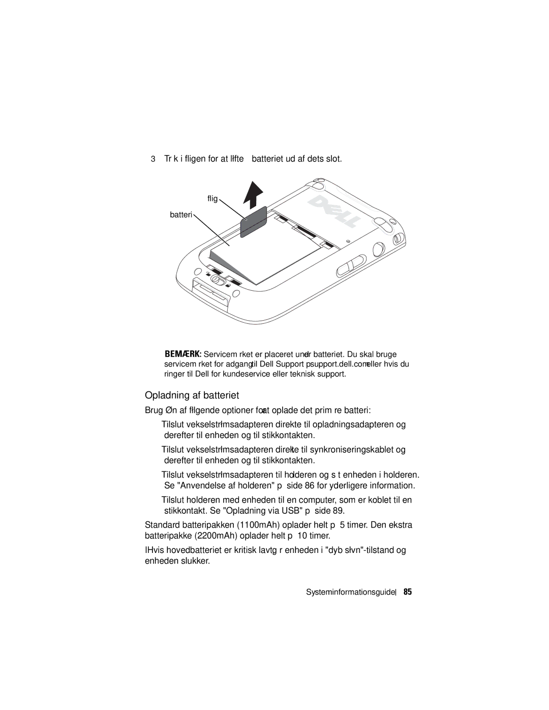 Dell X50 manual Opladning af batteriet, Flig Batteri 