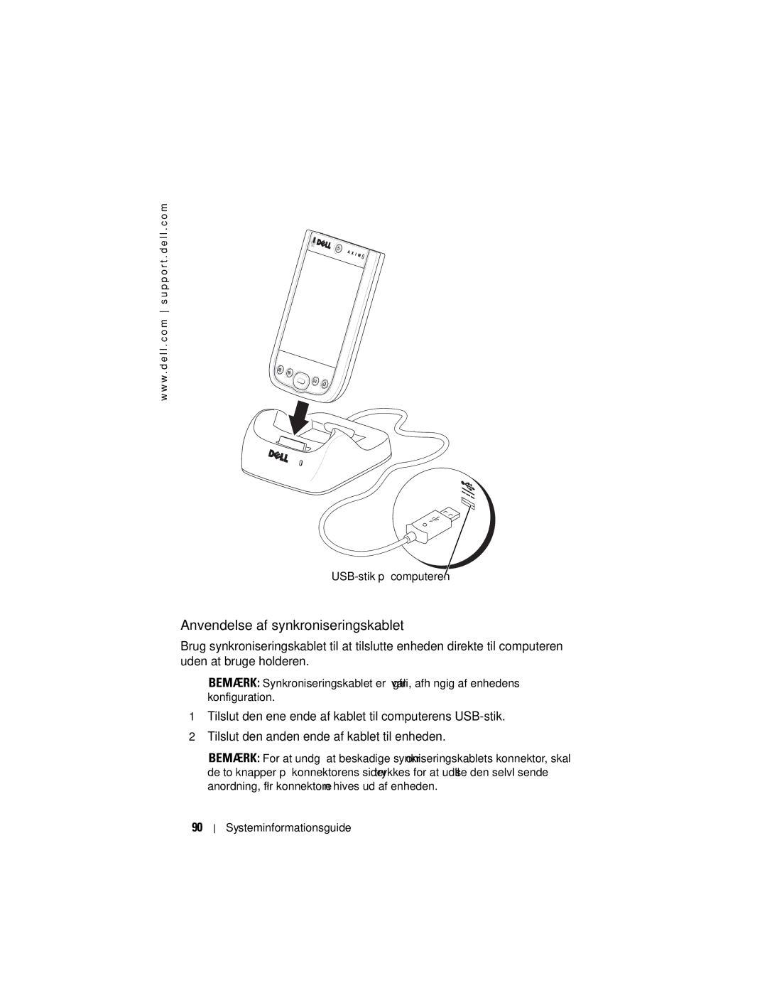 Dell X50 manual Anvendelse af synkroniseringskablet, USB-stik på computeren 