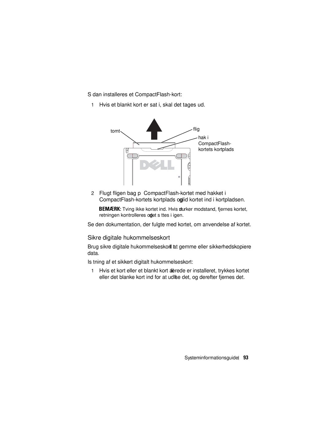 Dell X50 manual Sikre digitale hukommelseskort, Tomt 