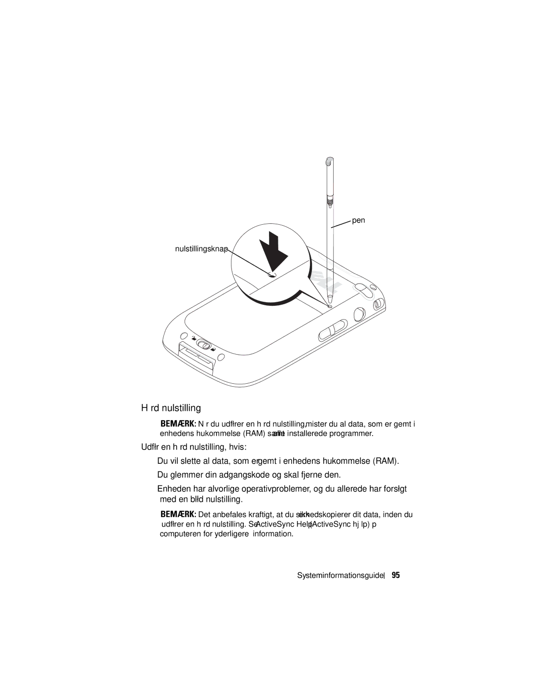 Dell X50 manual Hård nulstilling, Pen Nulstillingsknap 