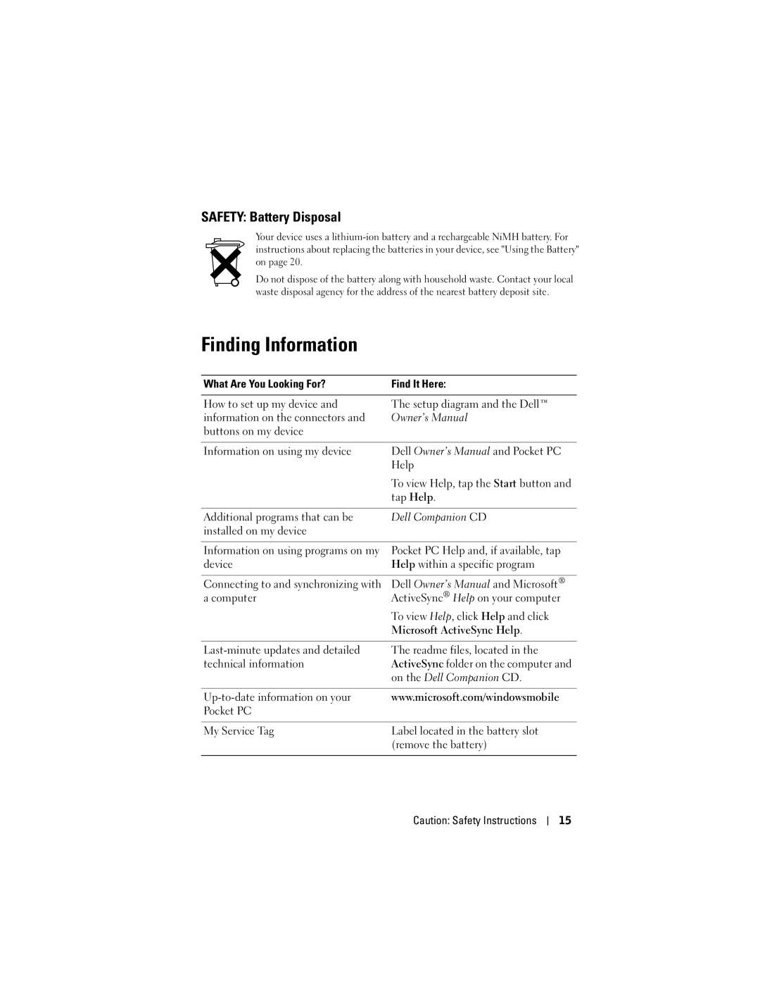 Dell X50 owner manual Finding Information, Safety Battery Disposal 