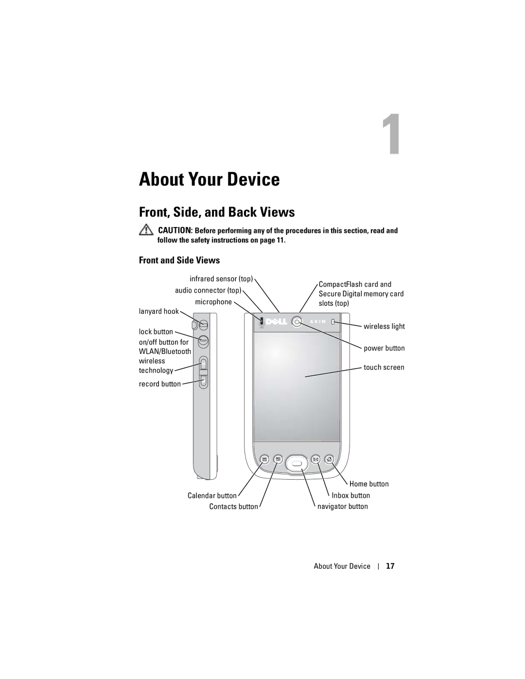 Dell X50 owner manual Front, Side, and Back Views, Front and Side Views, Microphone Lanyard hook 