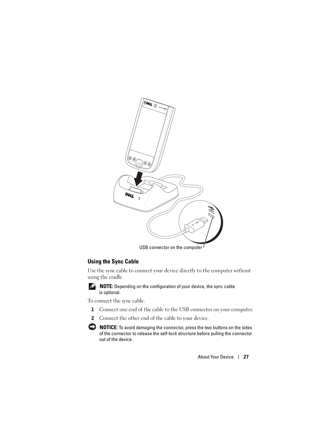 Dell X50 owner manual Using the Sync Cable, USB connector on the computer 