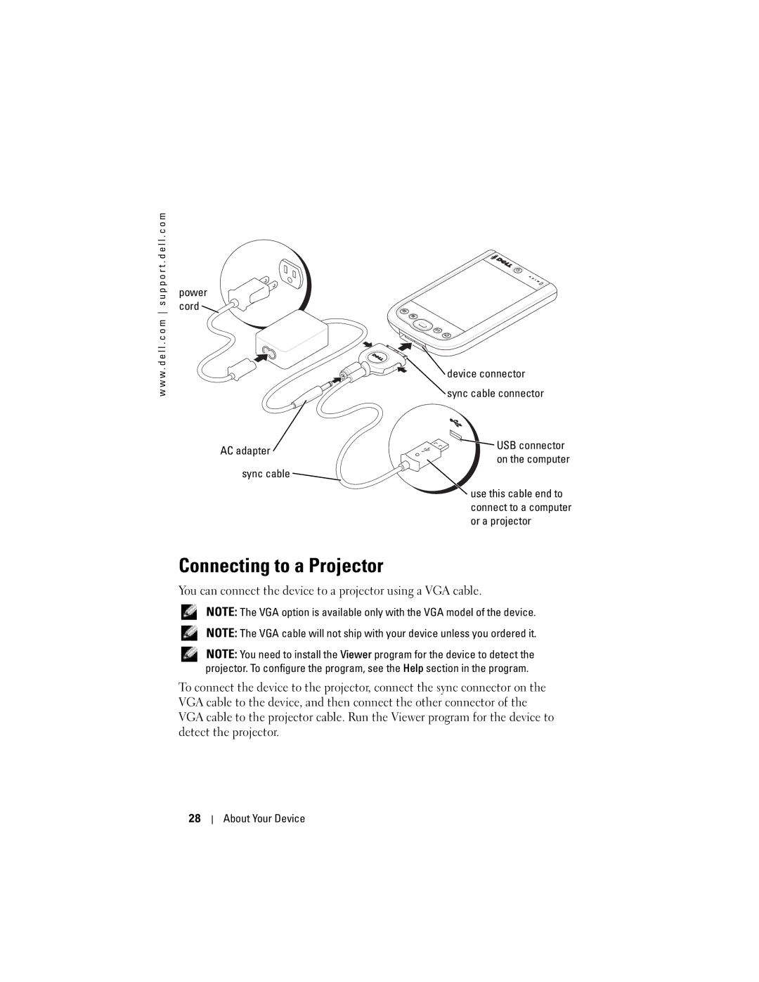 Dell X50 owner manual Connecting to a Projector, Cord, AC adapter Sync cable Device connector Sync cable connector 