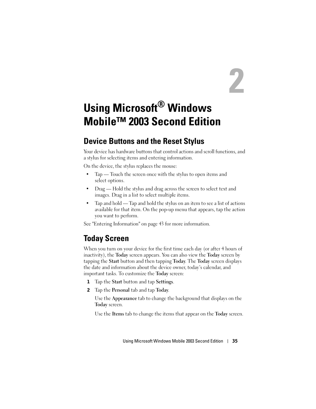 Dell X50 owner manual Device Buttons and the Reset Stylus, Today Screen 