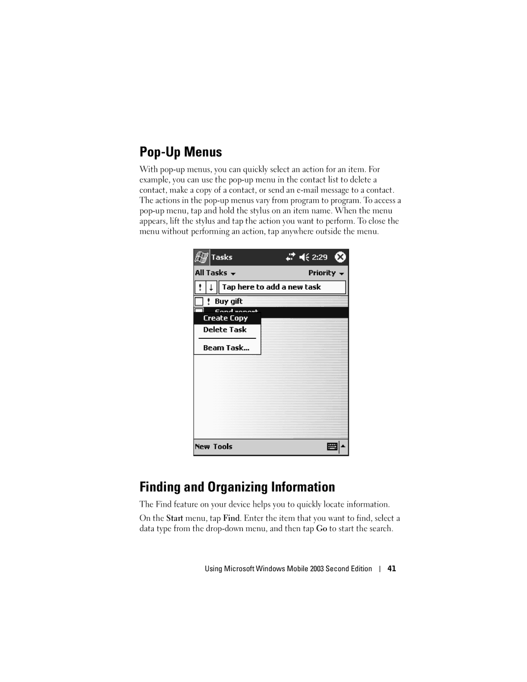 Dell X50 owner manual Pop-Up Menus, Finding and Organizing Information 
