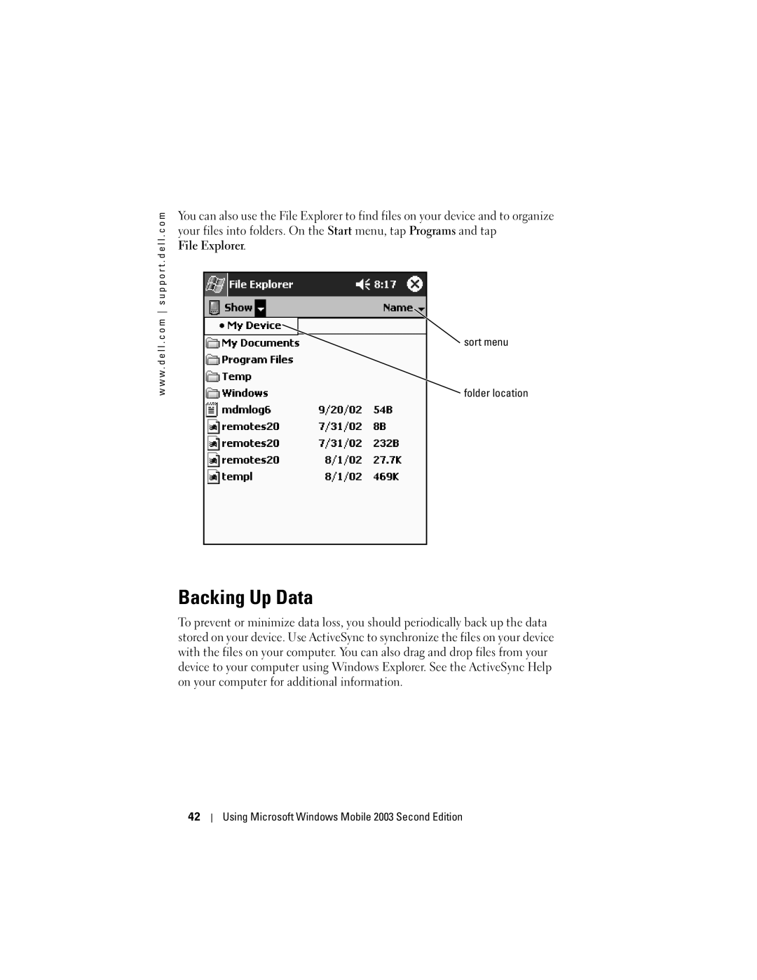 Dell X50 owner manual Backing Up Data, File Explorer, Sort menu Folder location 