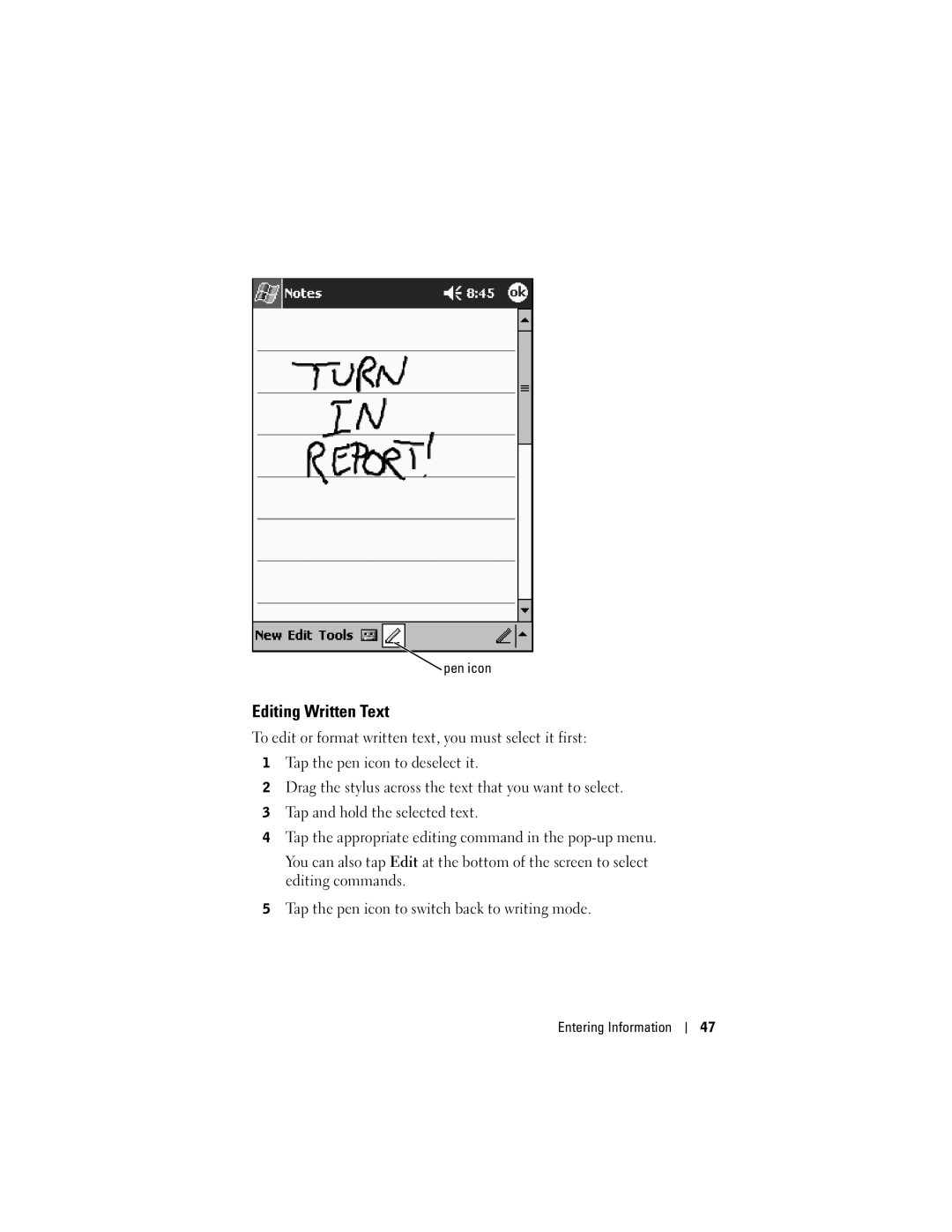 Dell X50 owner manual Editing Written Text, Pen icon 