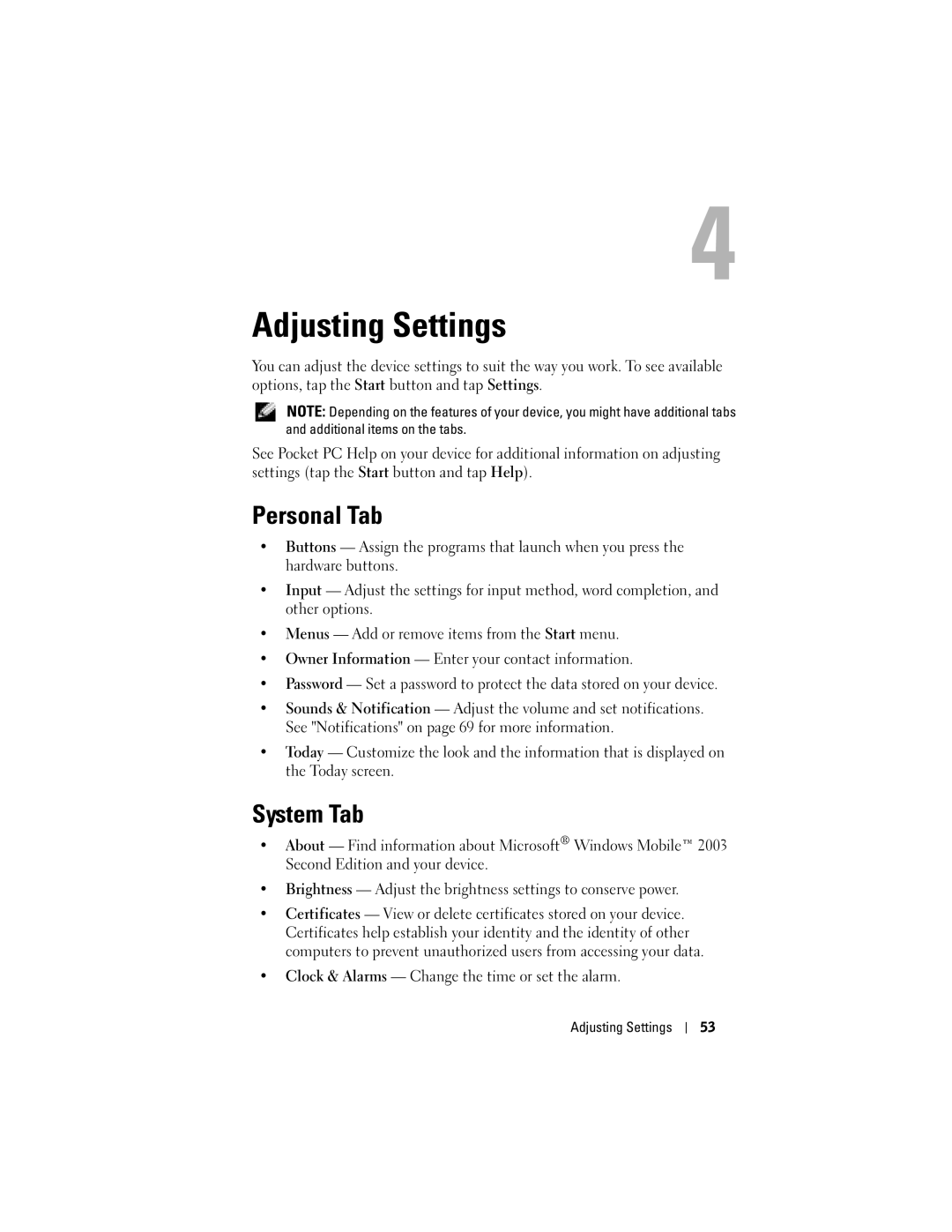 Dell X50 owner manual Personal Tab, System Tab, Adjusting Settings 