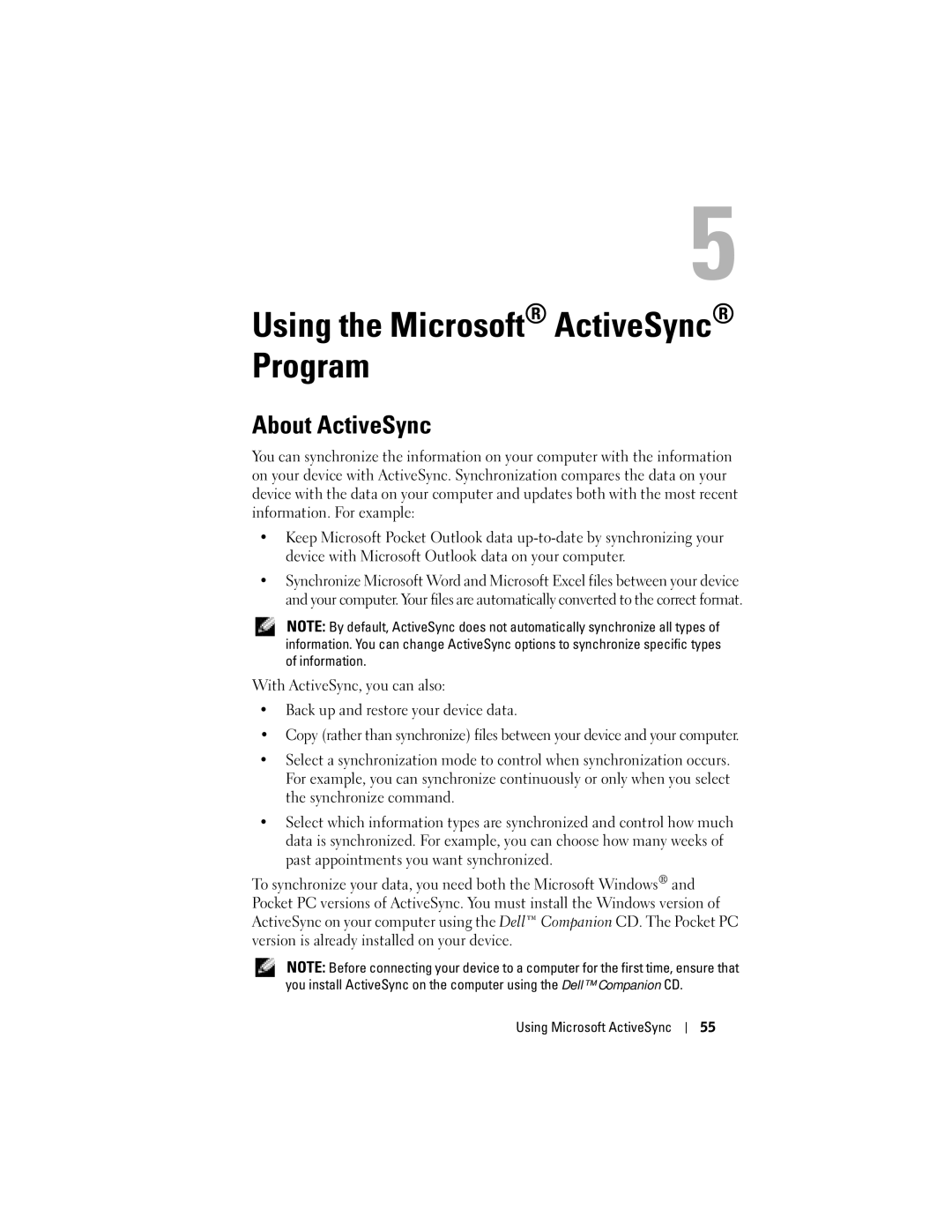 Dell X50 owner manual About ActiveSync, Using Microsoft ActiveSync 