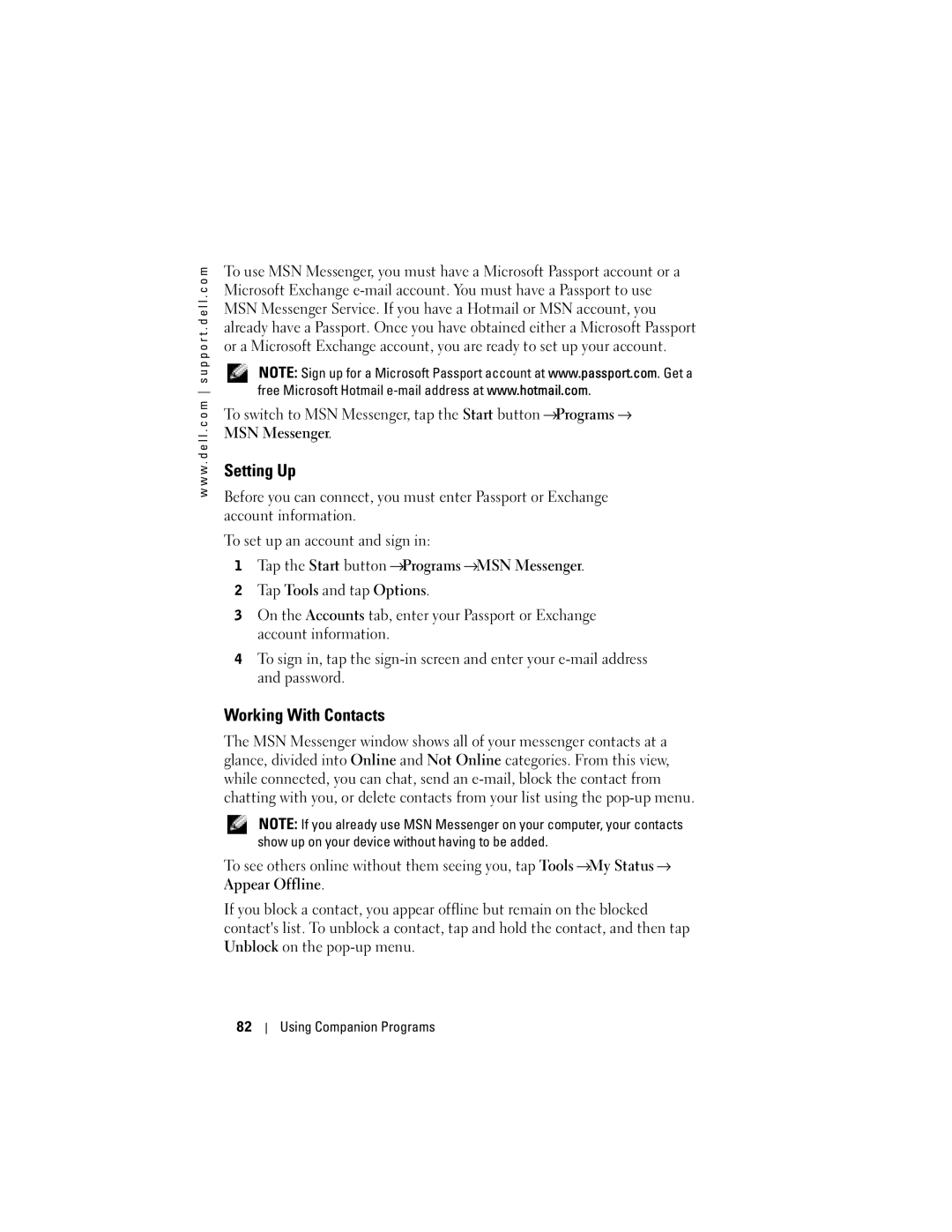 Dell X50 owner manual Setting Up, Working With Contacts, Tap the Start button → Programs → MSN Messenger 