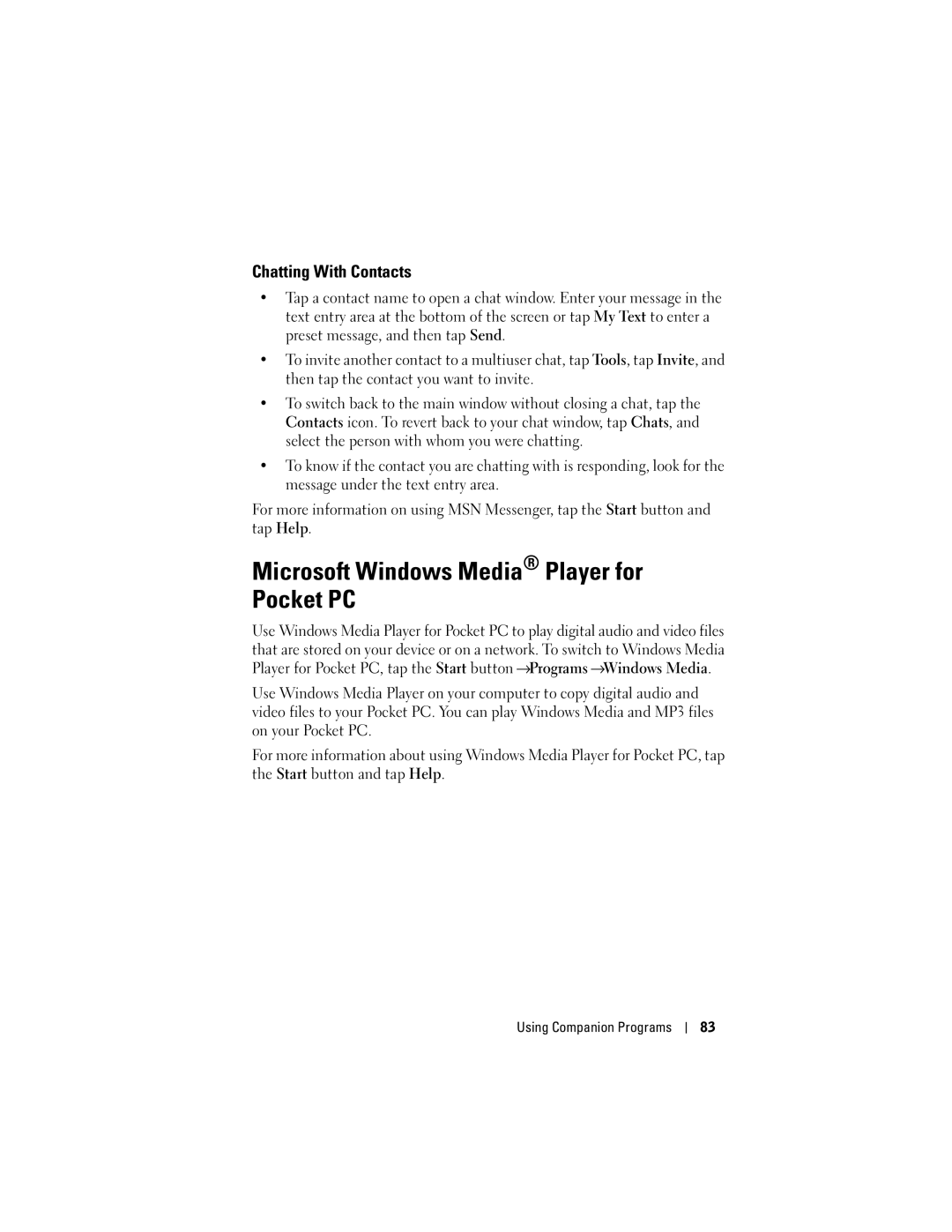 Dell X50 owner manual Microsoft Windows Media Player for Pocket PC, Chatting With Contacts 